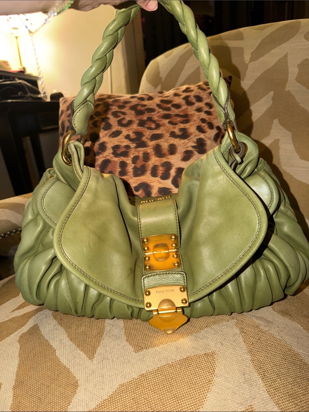 Miu miu vintage Green Leather Shoulder Bag with Braided Handle